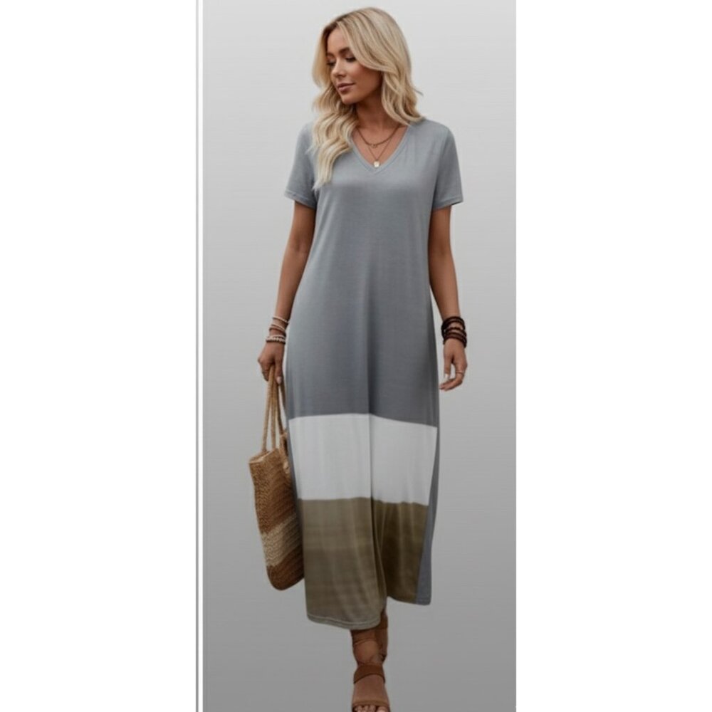 Short Sleeve Color Block Tee Dress Gray